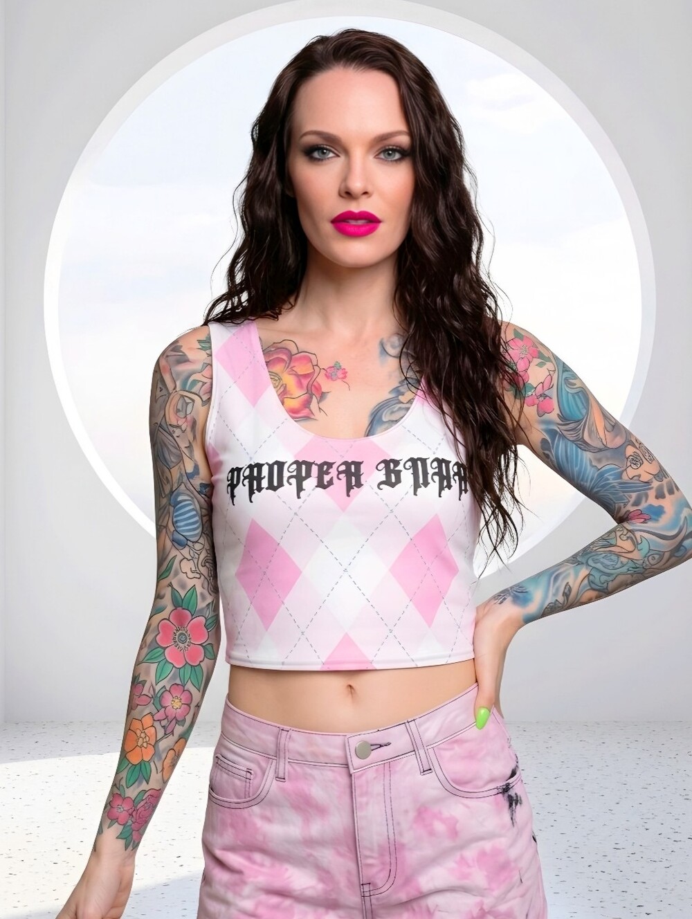 Proper Gnar Dolls Kill Pink White Argyle Knit Crop Tank Sleeveless Top Sz L NWT